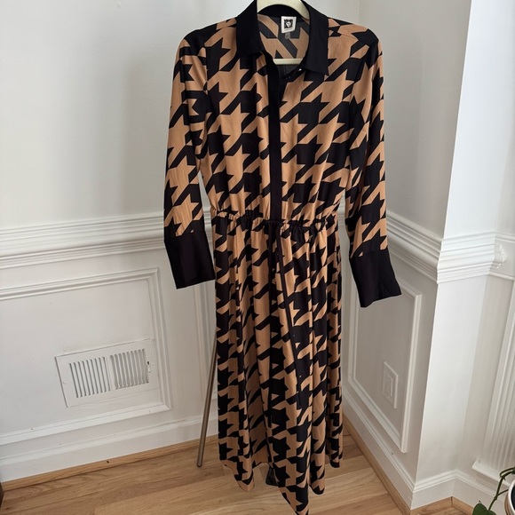 NWOT Anne Klein Houndstooth Black Brown Printed Drawstring Shirt Dress Size 6 - Picture 4 of 10